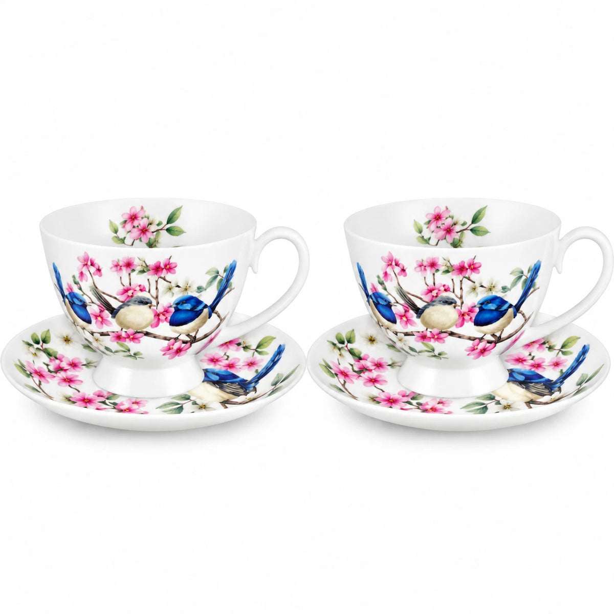 Set of 2 Cups & Saucers 250cc Australian Blue Wren Bird Fine Porcelain Gift Box