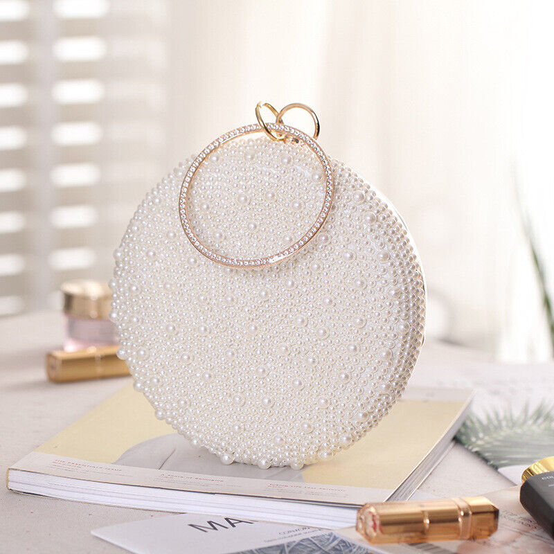 Fashion Woman Pearl Rhinestone Round Elegant Wedding Clutch Evening Party Bag