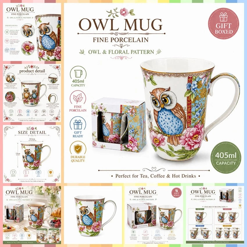 1-6x Owl 405ml Fine Porcelain Coffee Mug Tea Cup Floral Gift Box Gift Box