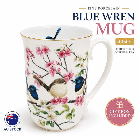 1-6x Fine Porcelain Blue Wren Mug 405cc Coffee Tea Cup Gift Birds of Australia