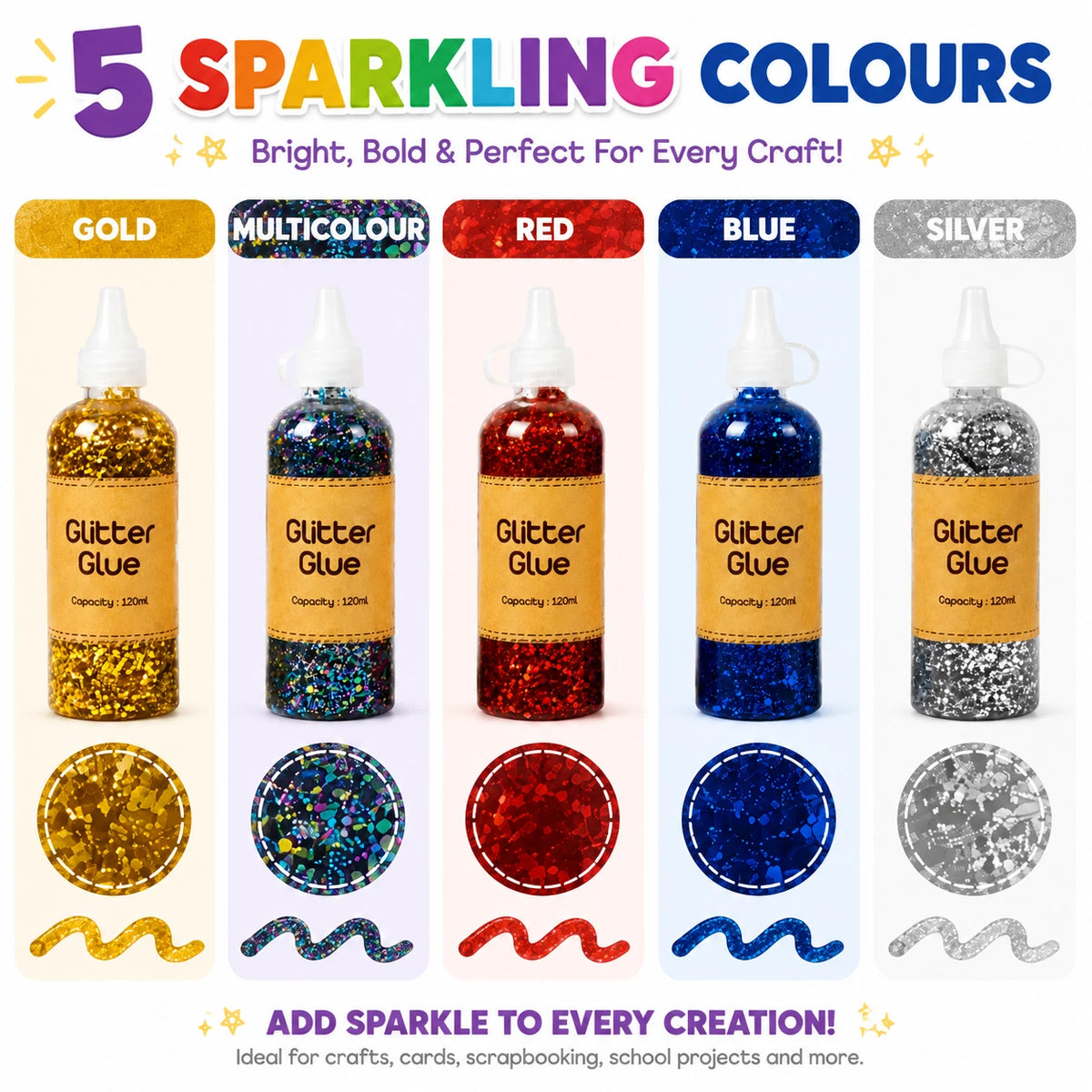 5X Craft Glitter Glue 120ml Coloured Gel Kids Crafts Scrapbooking School Project