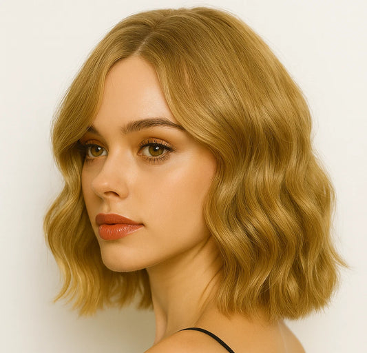 Women Shoulder Length Synthetic Hair with Middle Part Short Blonde Wavy Bob Wig # 1291