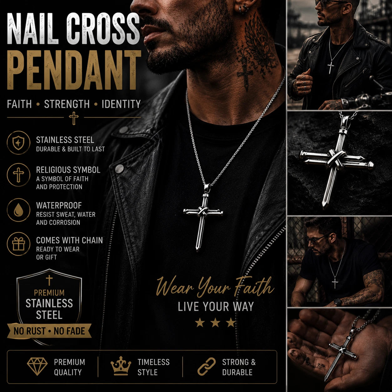 Men Stainless Steel Nail Cross Necklace Silver Crucifix Pendant Religious Jewelry Chain PN0328