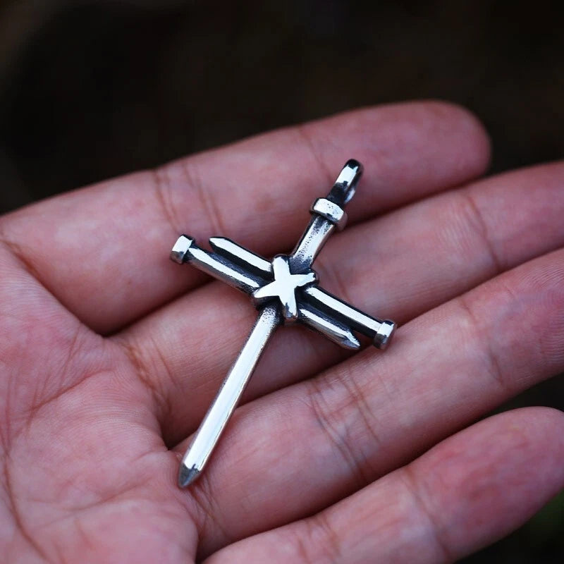 Men Stainless Steel Nail Cross Necklace Silver Crucifix Pendant Religious Jewelry Chain PN0328