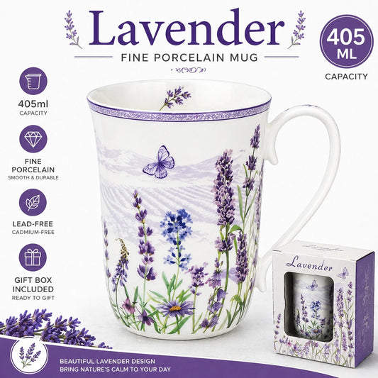 1-6x Lavender Floral Mug 405ml Fine Porcelain Tea Coffee Cup Mother's Day Gift