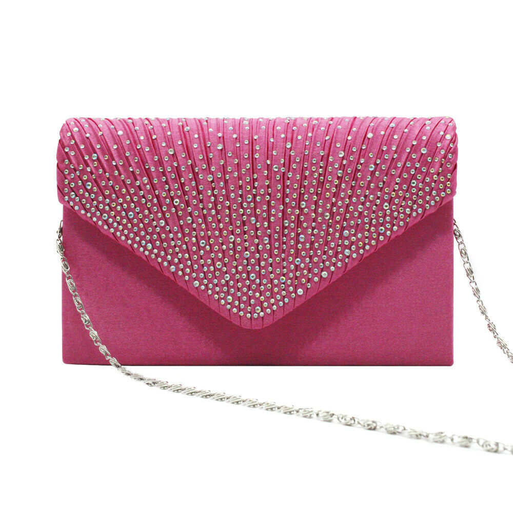 NEW Shining Satin Ladies Evening Clutch Bag Wedding Bridal Chain Handbag Wallet