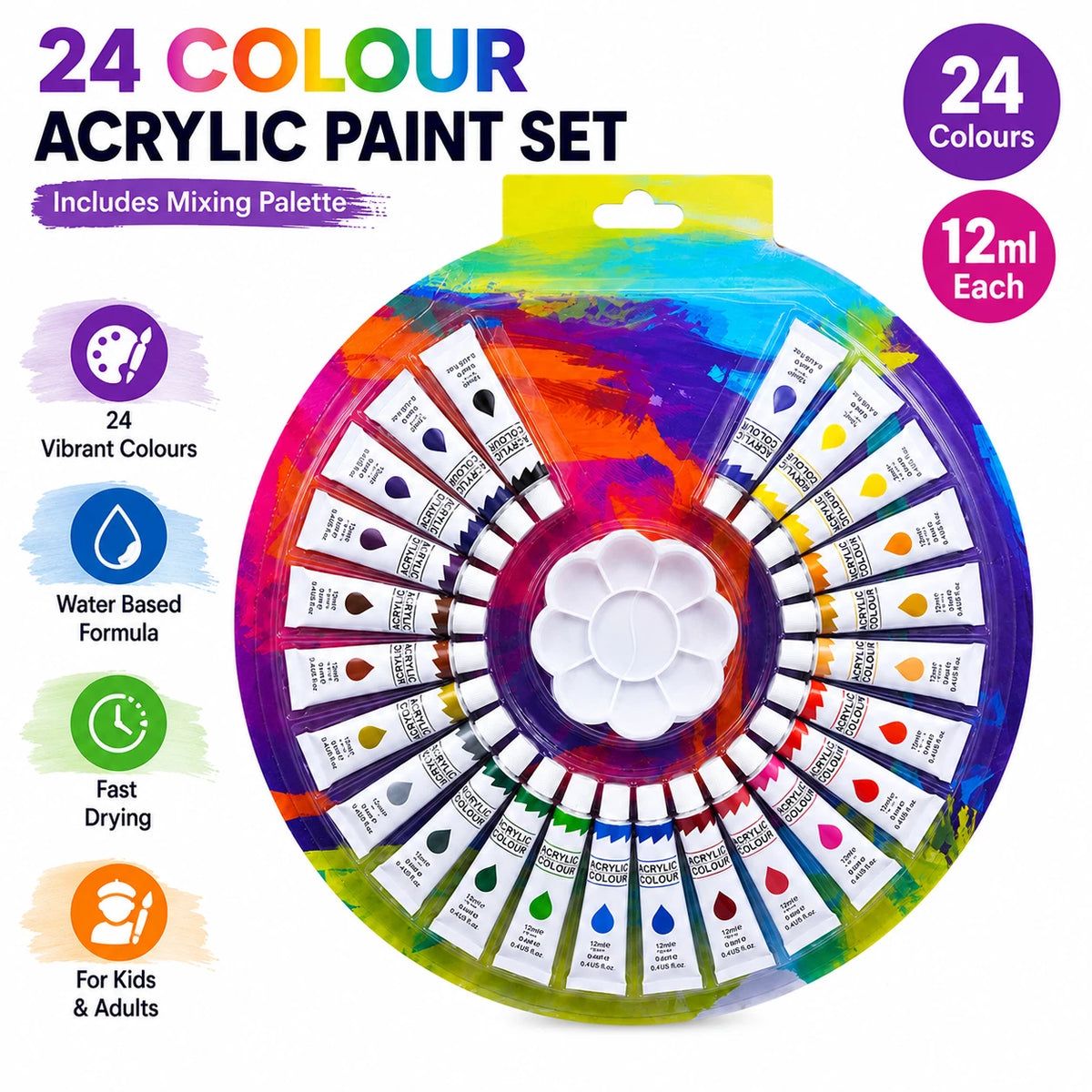 24 Colour Acrylic Paint Set 12ml Tubes with Palette Water Based Art Craft Paint