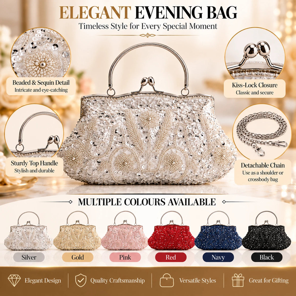Women Beaded Sequin Evening Bag Clutch Wedding Bridal Prom Party Handbag Purse