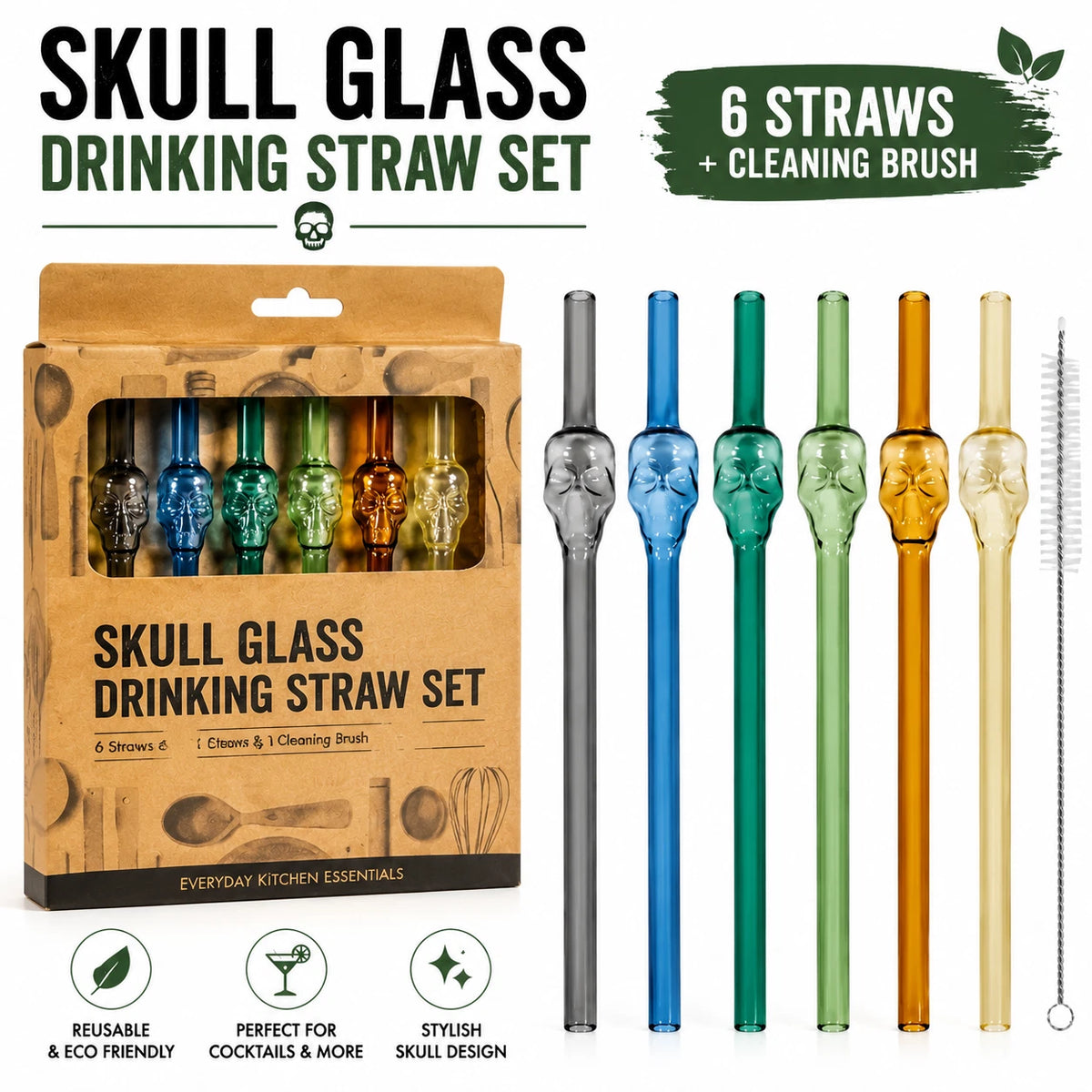 6PCS Skull Glass Drinking Straws 20cm Reusable Cocktail Barware Cleaning Brush