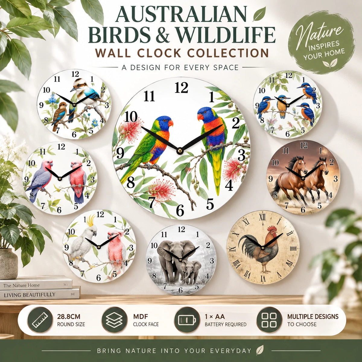 28.8cm Wall Clock Australian Birds Animal Wildlife MDF Round Home Decor