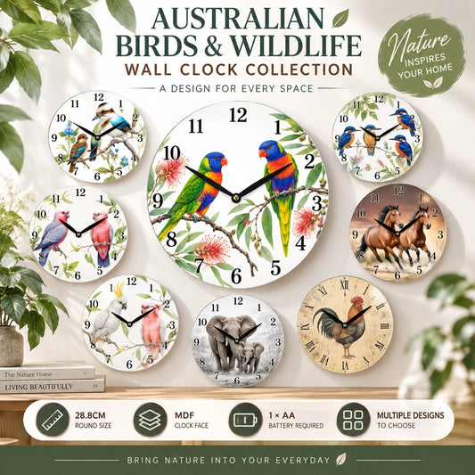 28.8cm Wall Clock Australian Birds Animal Wildlife MDF Round Home Decor