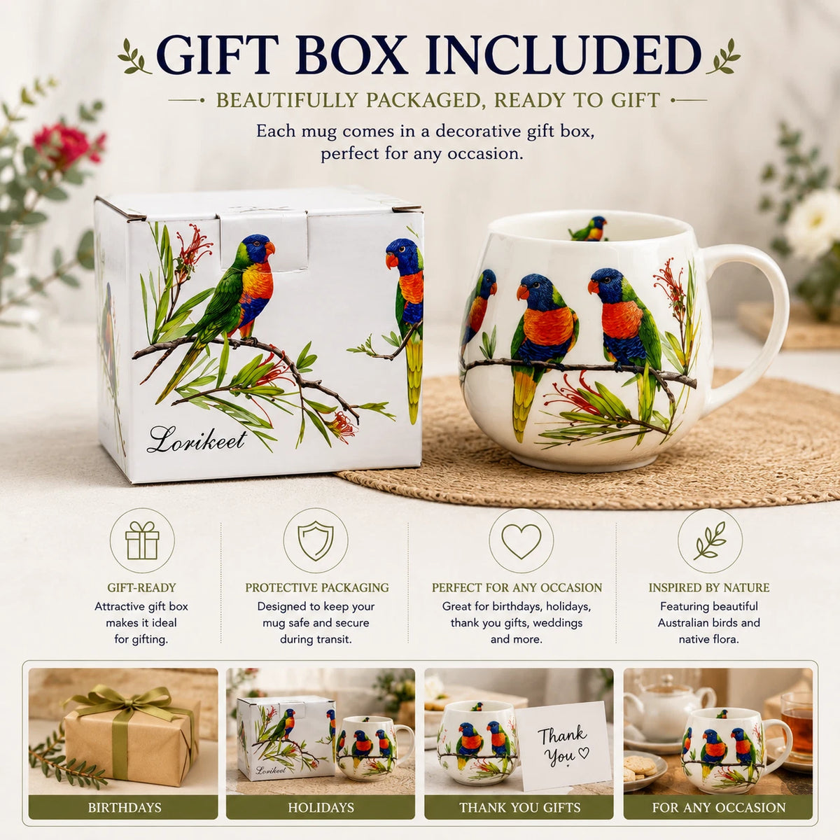 1-6x Rainbow Lorikeet Mug 400ml Fine Porcelain Australian Bird Coffee Tea Cup Gift
