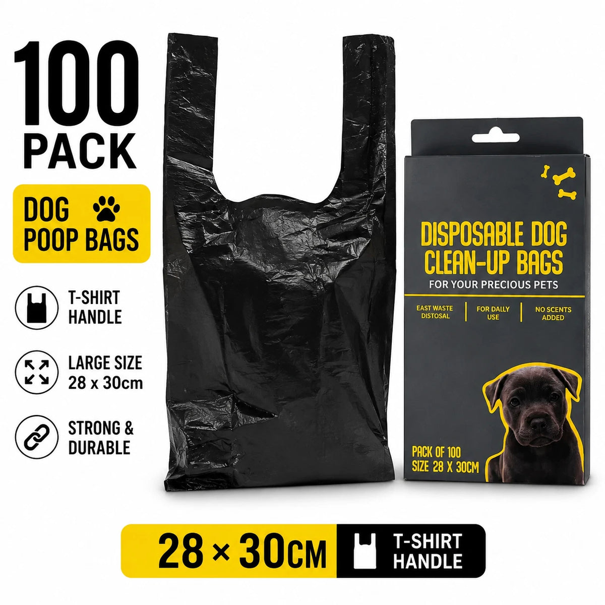 100x Dog Poop Bags Disposable Waste Bags Large 28x30cm T-Shirt Clean Up Black