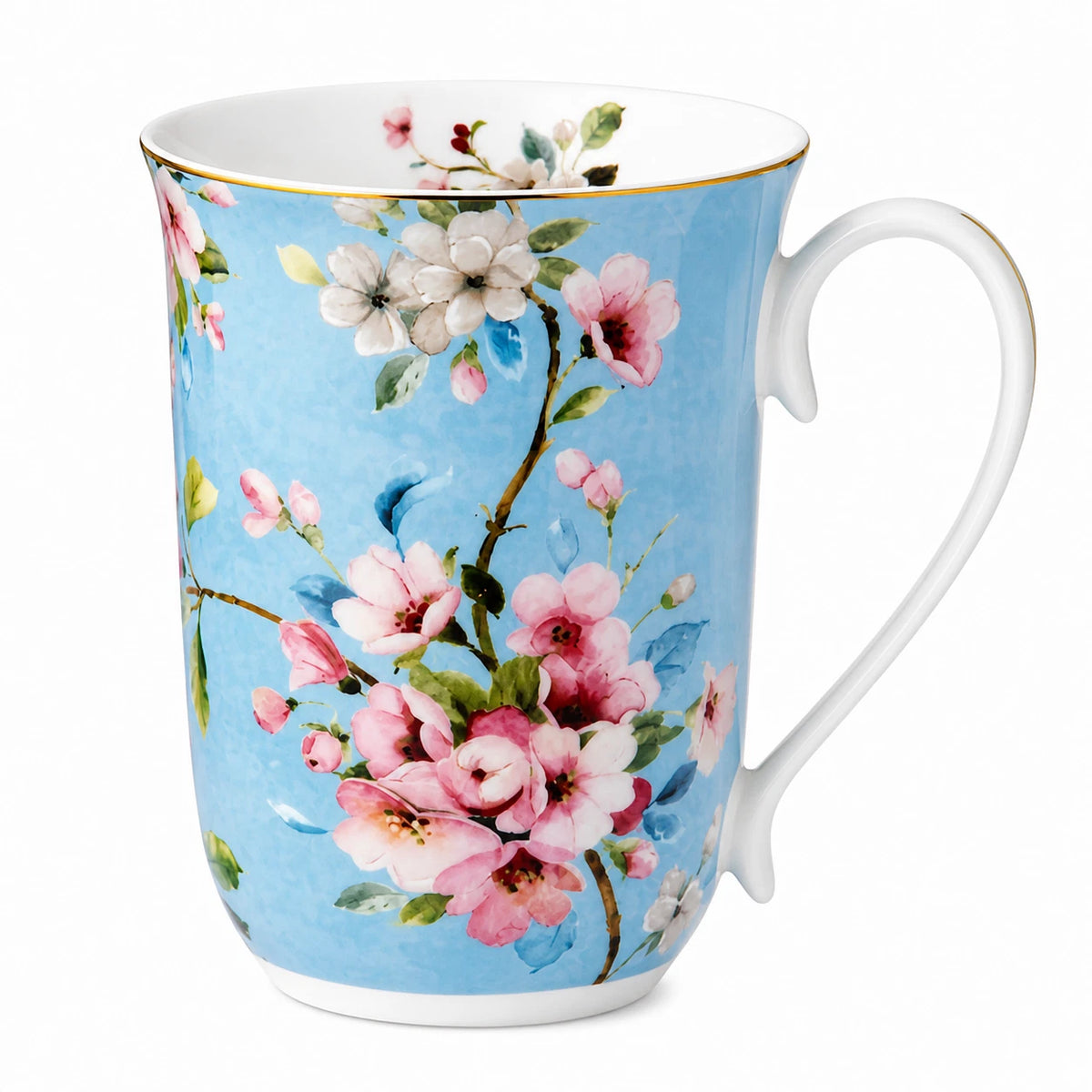 1-6x Blue Floral Porcelain Mug 405ml Vintage Peach Blossom Tea Coffee Cup Daily Gift