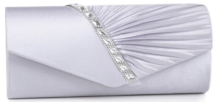Women Satin Pleated Diamante Evening Clutch Bag Wedding Bridal Party Chain Bags 8 Colour