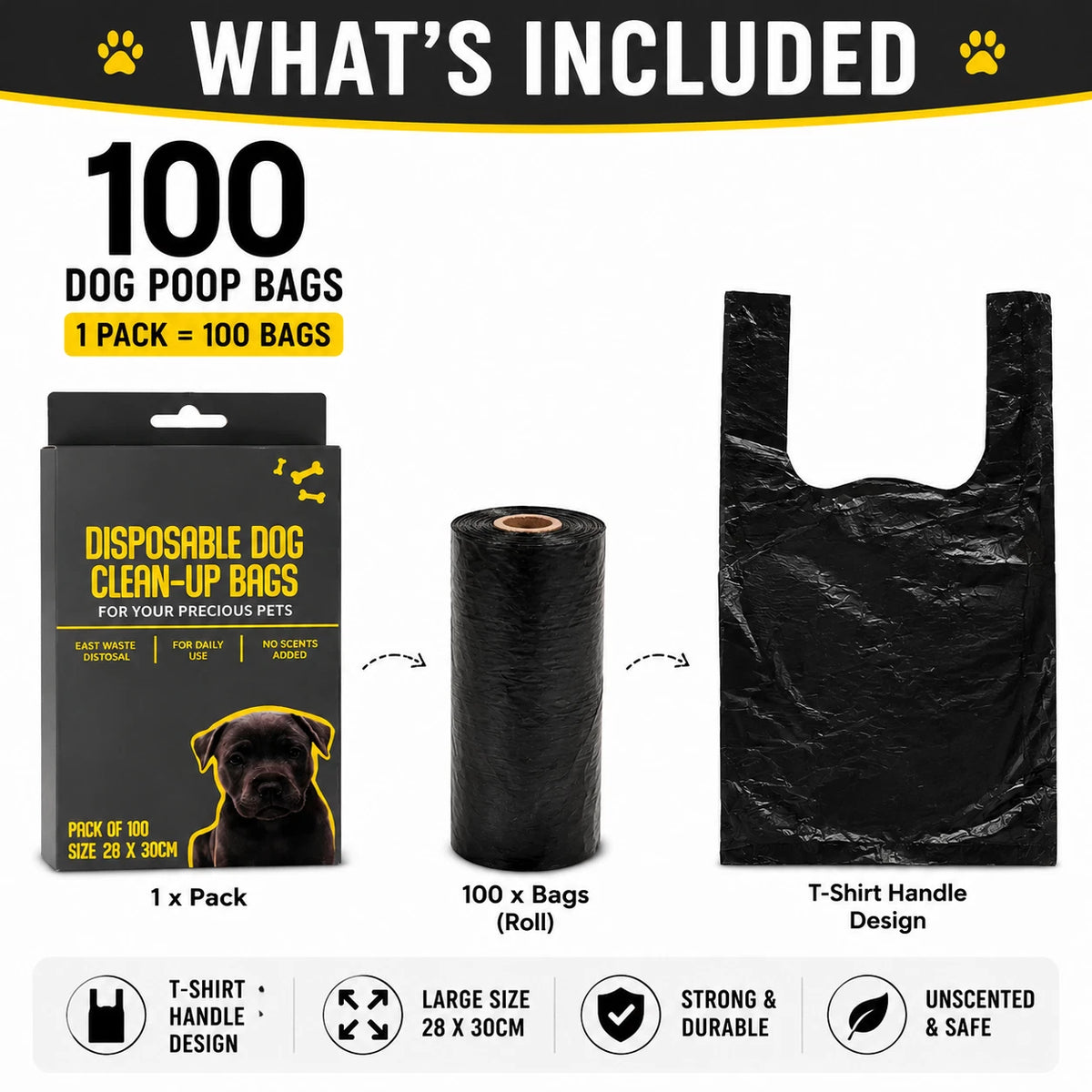 100x Dog Poop Bags Disposable Waste Bags Large 28x30cm T-Shirt Clean Up Black