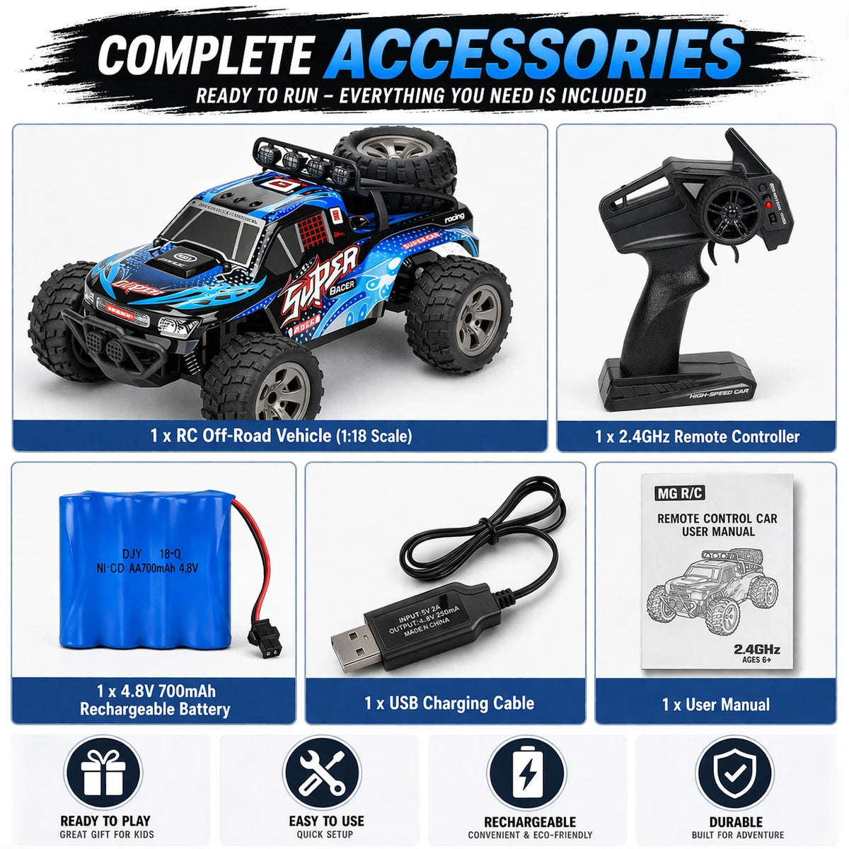 2.4GHz RC Off Road Car 1:18 High Speed Monster Truck Rechargeable Kids Toy Gifts