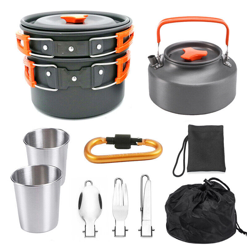 Outdoor Camping Cookware Set Hiking Cooking Portable Pot Pan Teapot 2-3 Persons