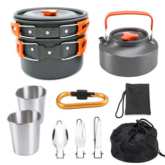 Outdoor Camping Cookware Set Hiking Cooking Portable Pot Pan Teapot 2-3 Persons