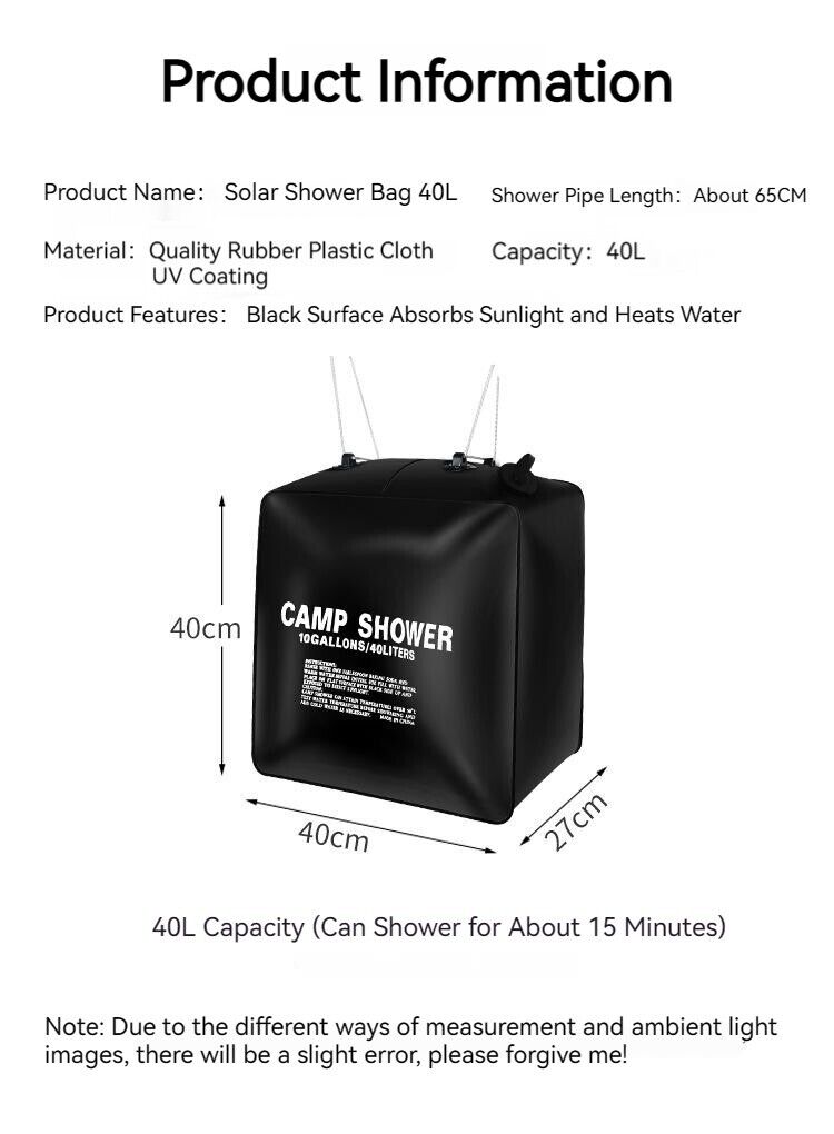 Foldable Shower Bag Solar Heat Camping Hiking Travel Water Storage Bag 20L 40L