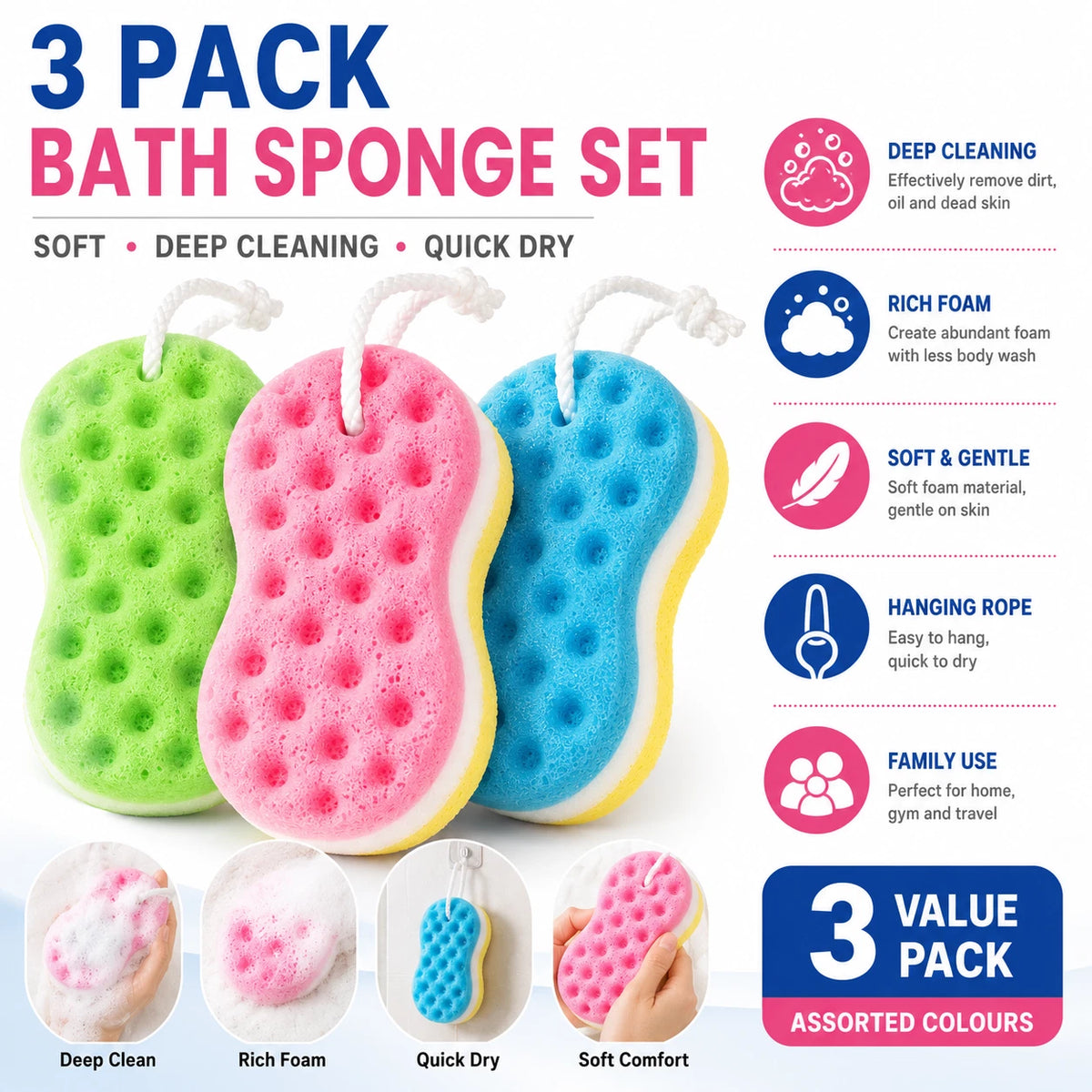 3x Bath Shower Sponge w Rope Deep Cleaning Body Scrubber Exfoliating Soft Foam