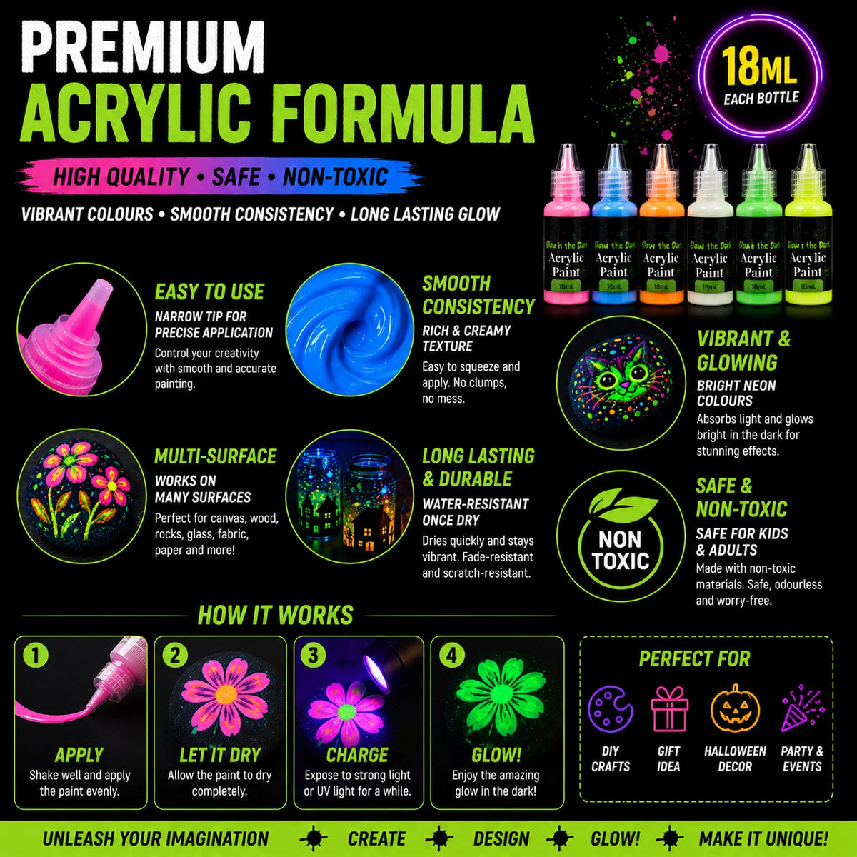 Glow in the Dark Acrylic Paint 2 pack 3 Bottle Set 18ML UV Reactive Neon DIY Craft Arts