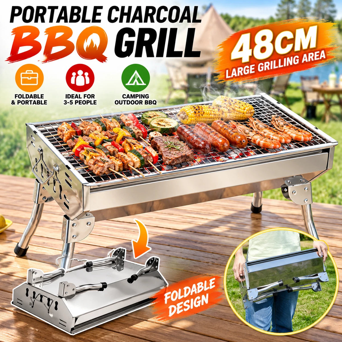 Portable Charcoal BBQ Grill 48cm Foldable Stainless Steel Camping Outdoor Barbecue #BBQHH001