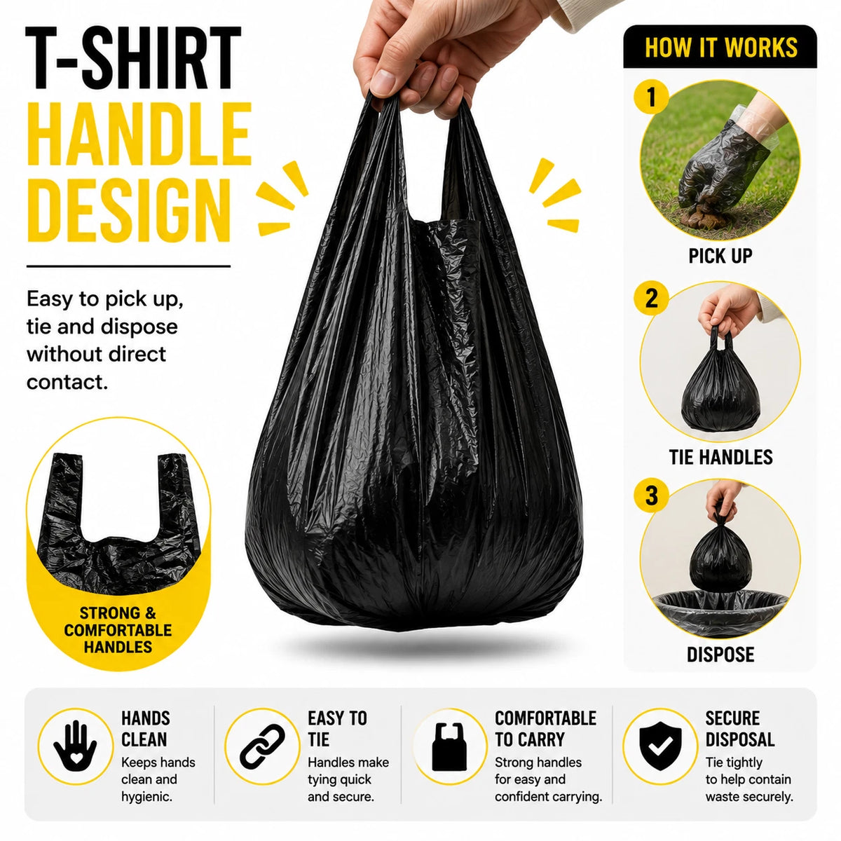 100x Dog Poop Bags Disposable Waste Bags Large 28x30cm T-Shirt Clean Up Black