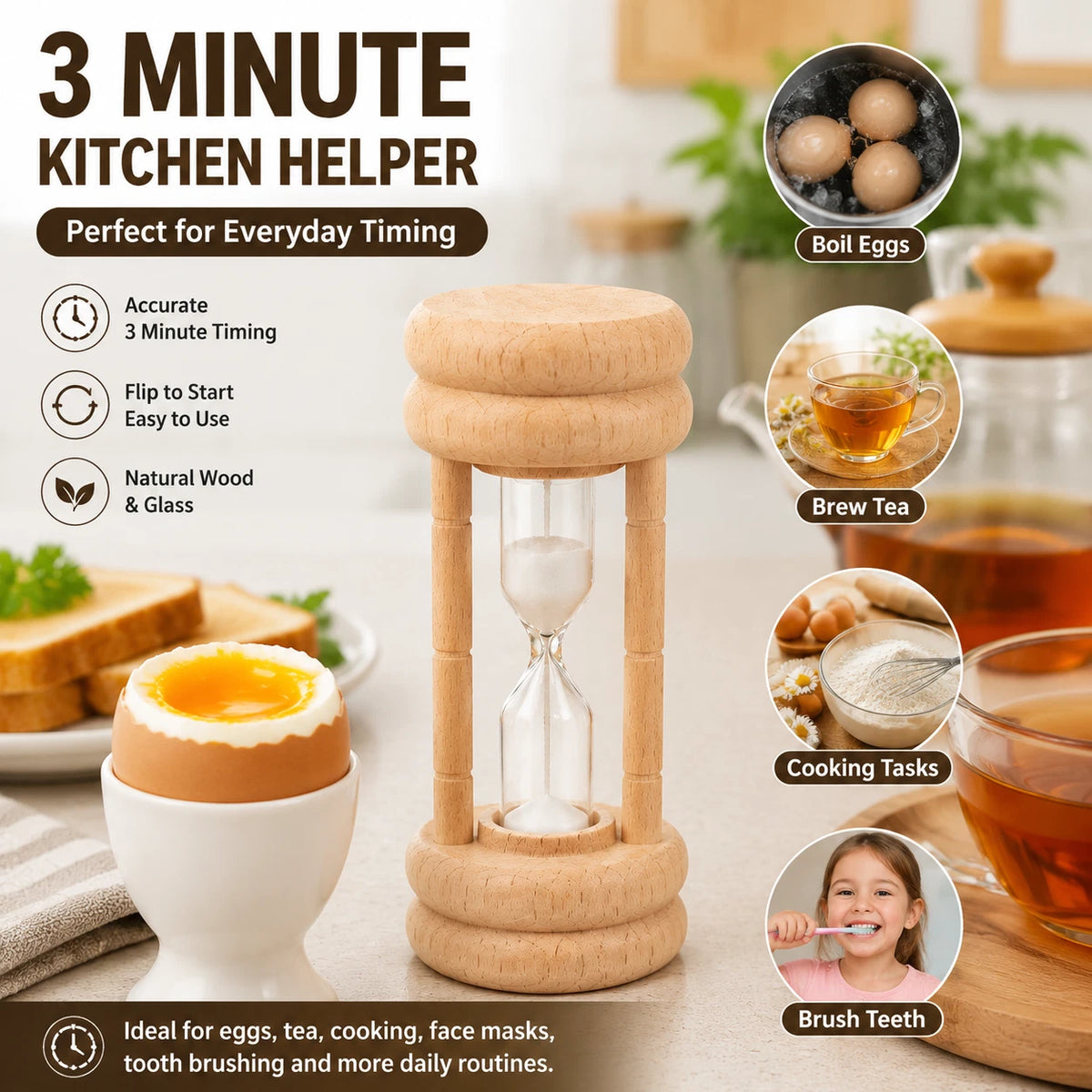 3 Minute Wooden Sand Timer Egg Timer Kitchen Cooking Tea Hourglass Home Decor
