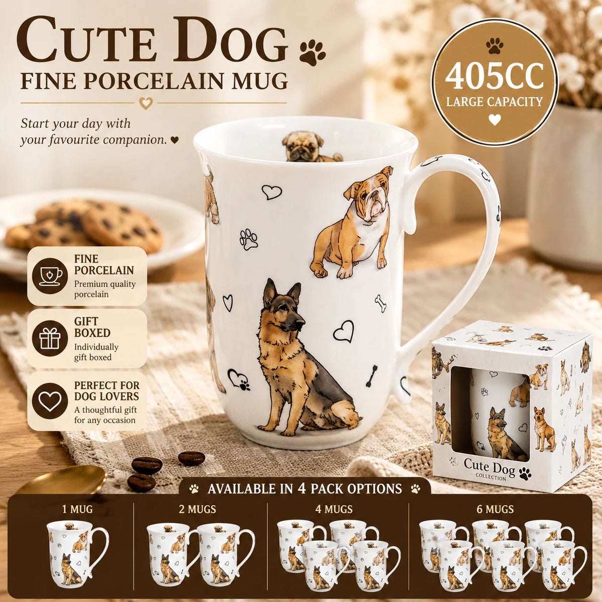 1-6x 405cc Cute Dog Fine Porcelain Mug Coffee Tea Cup Home Decor Gift Box