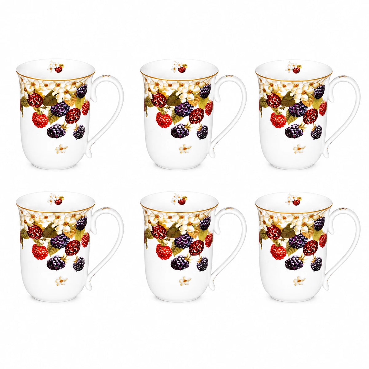 1-6x Wild Berry Floral Fine Porcelain Mug 405cc Coffee Flowers Tea Cup Gift