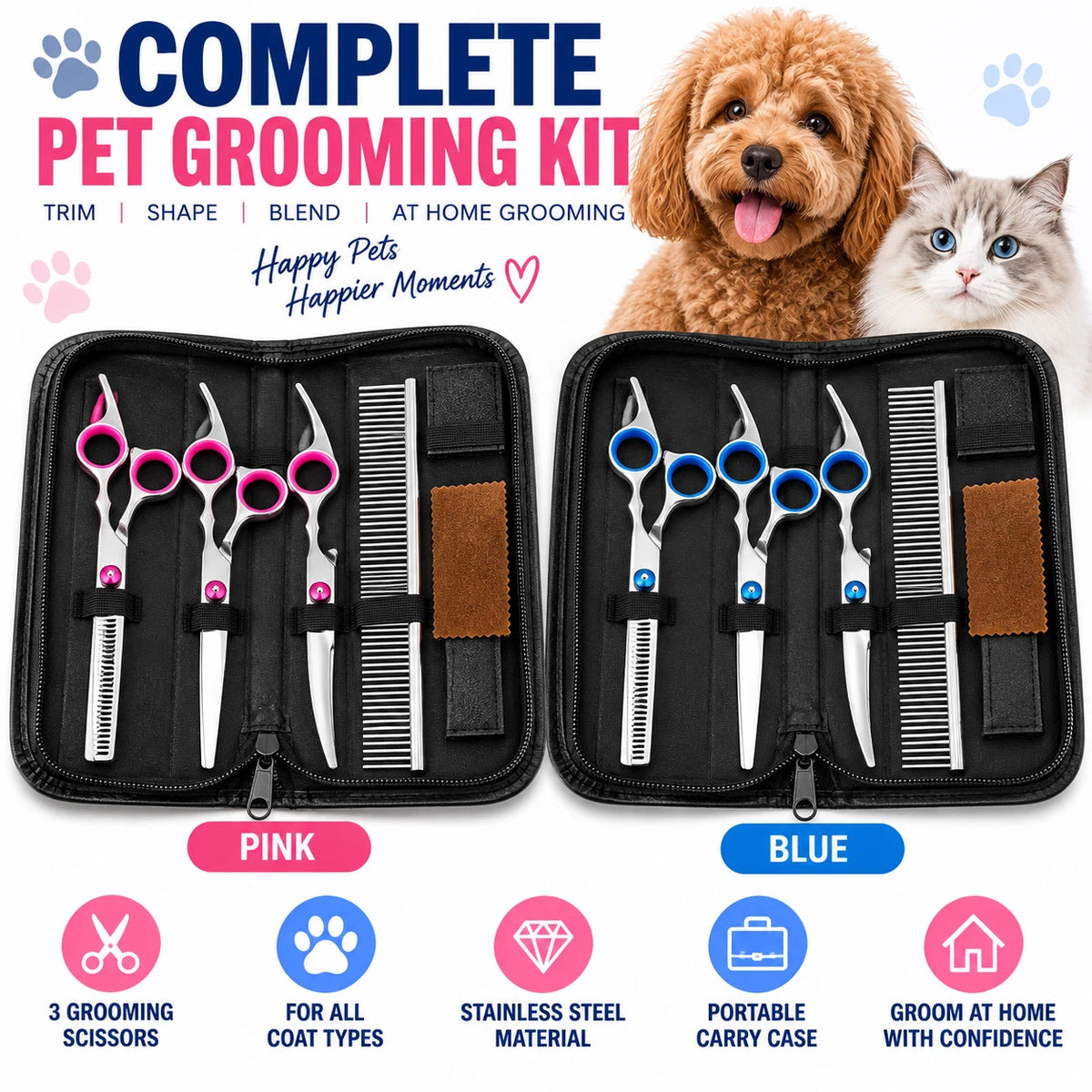 7" Dog Grooming Scissors Set Straight Curved Thinning Shears Stainless Steel