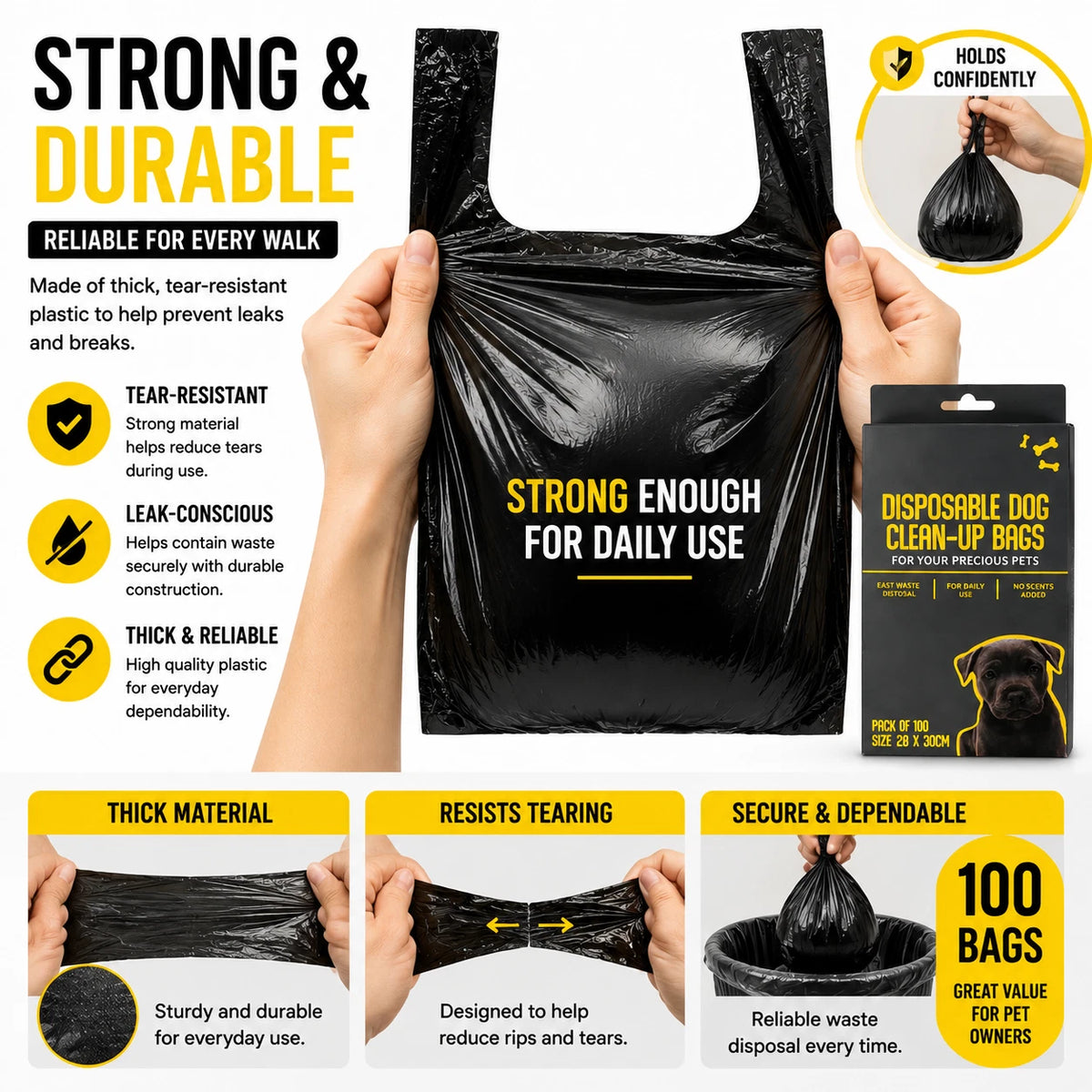 100x Dog Poop Bags Disposable Waste Bags Large 28x30cm T-Shirt Clean Up Black