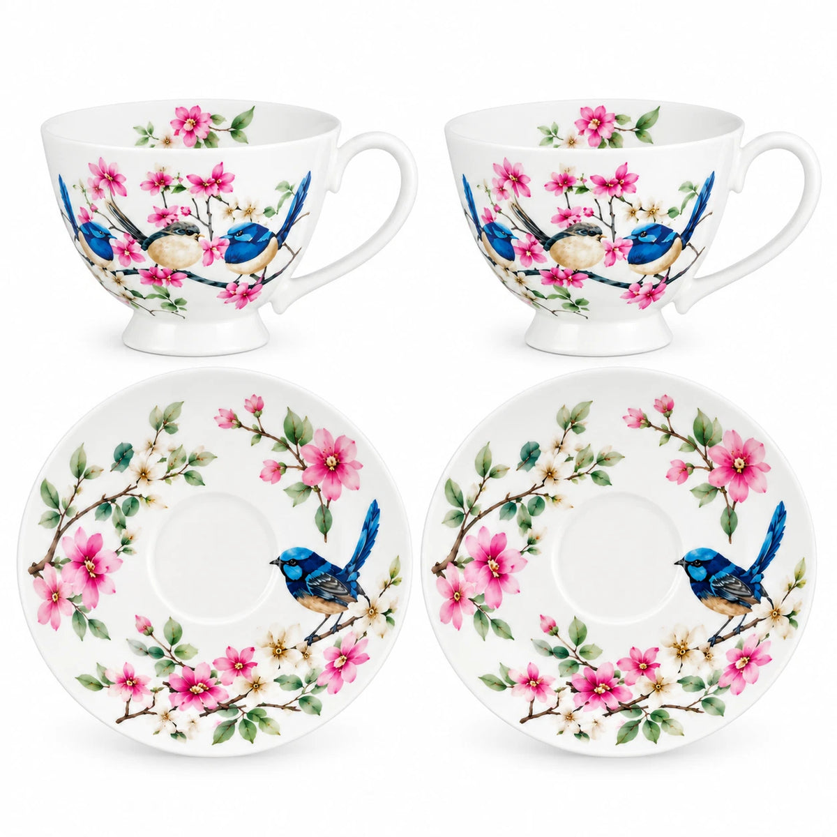 Set of 2 Cups & Saucers 250cc Australian Blue Wren Bird Fine Porcelain Gift Box