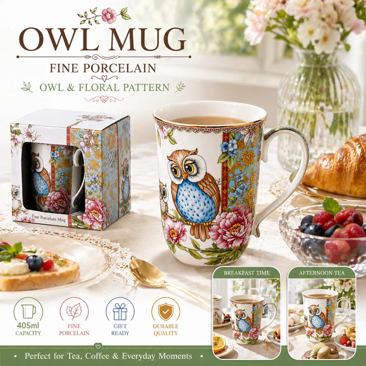 1-6x Owl 405ml Fine Porcelain Coffee Mug Tea Cup Floral Gift Box Gift Box