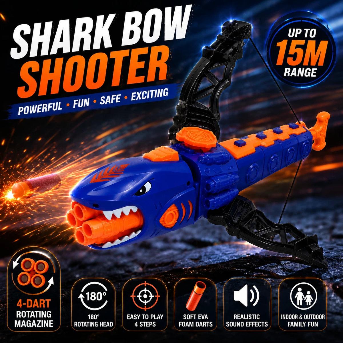 Shark Bow Foam Dart Toy EVA Soft Bullet Launcher 12 Darts Kids Target Game 6+