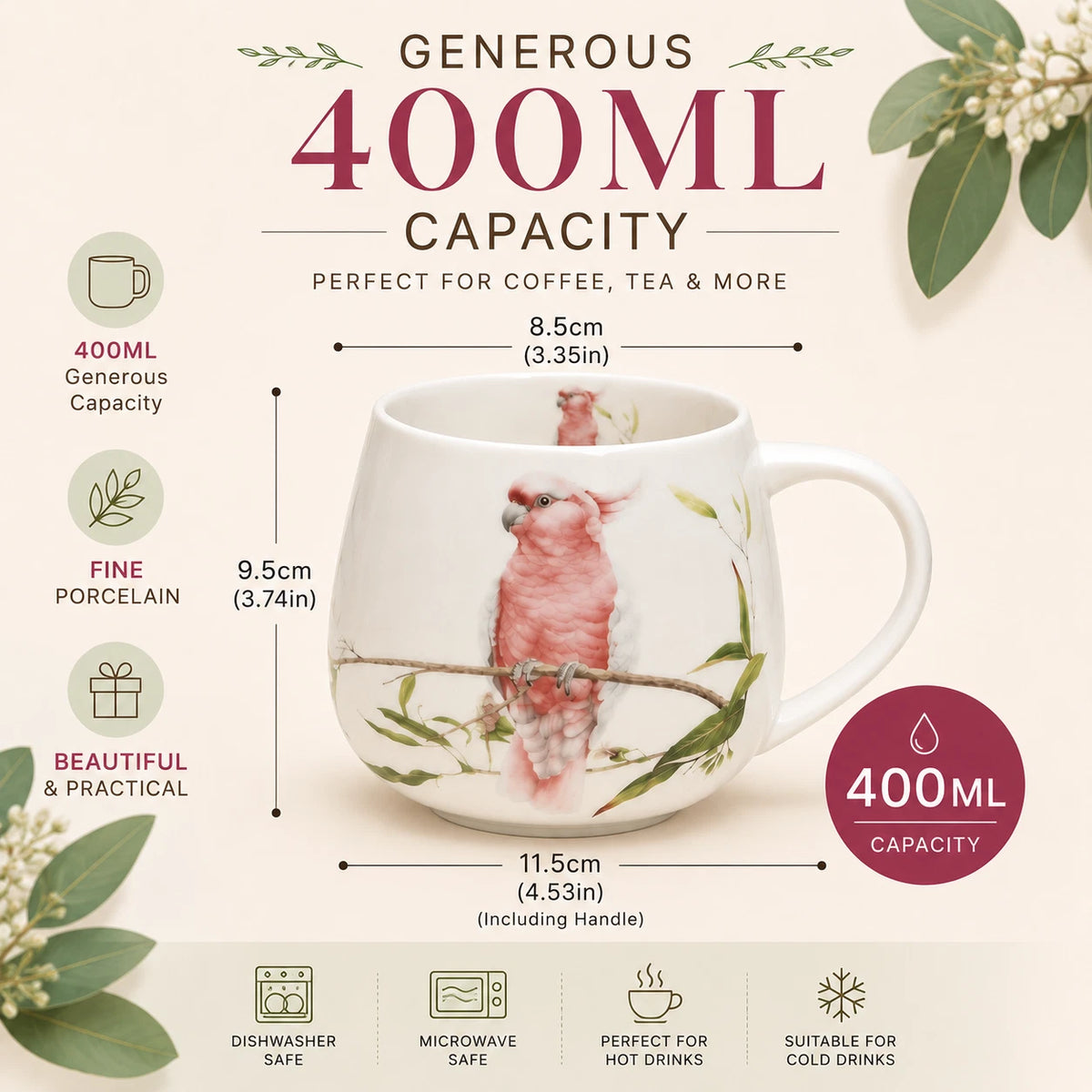 1-6x Australia Bird 400cc Fine Porcelain Coffee Mug Cockatoo Pink Yellow Tea Cup Gift
