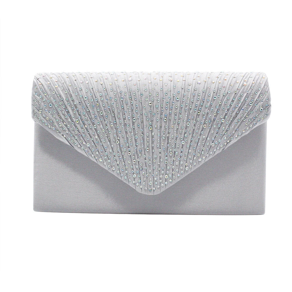 Women Rhinestone Satin Evening Clutch Bag Wedding Party Formal Bridal Handbag 12 Colour