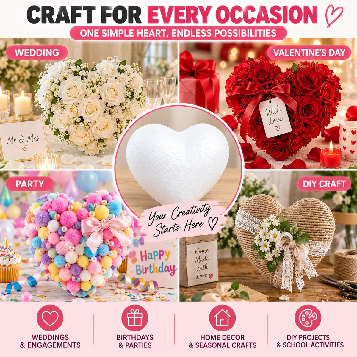 2x 23cm Large Foam Heart Polystyrene Blank DIY Craft Wedding Floral Decor Base