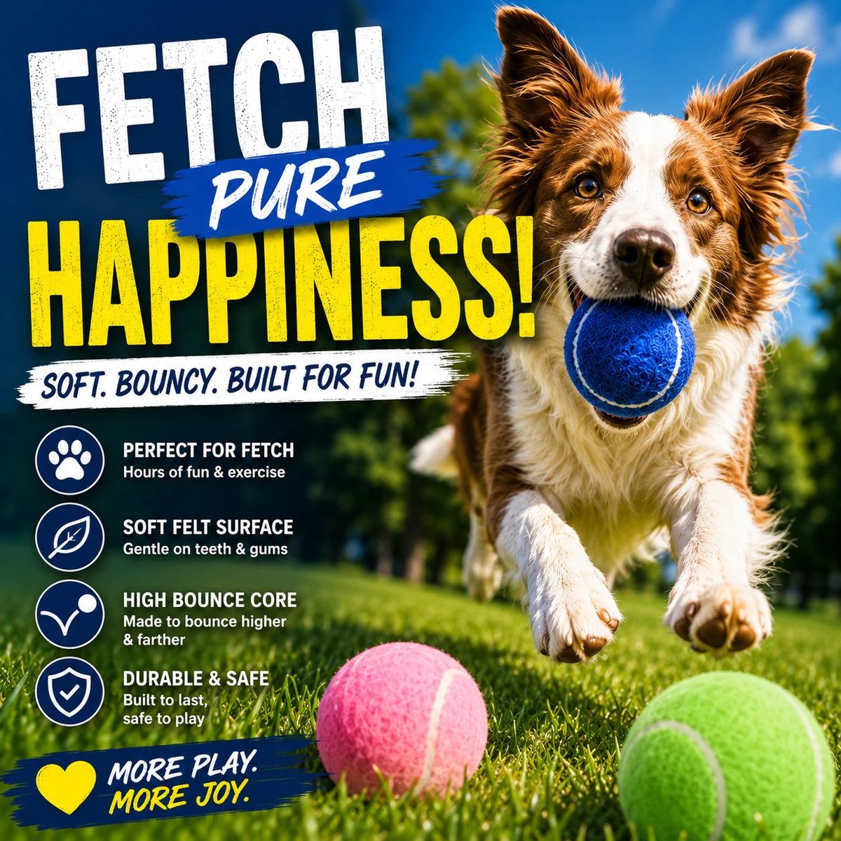 3 PCS Dog Tennis Balls 7cm Pet Toy Ball Bouncy Chew Fetch Play Puppy Training
