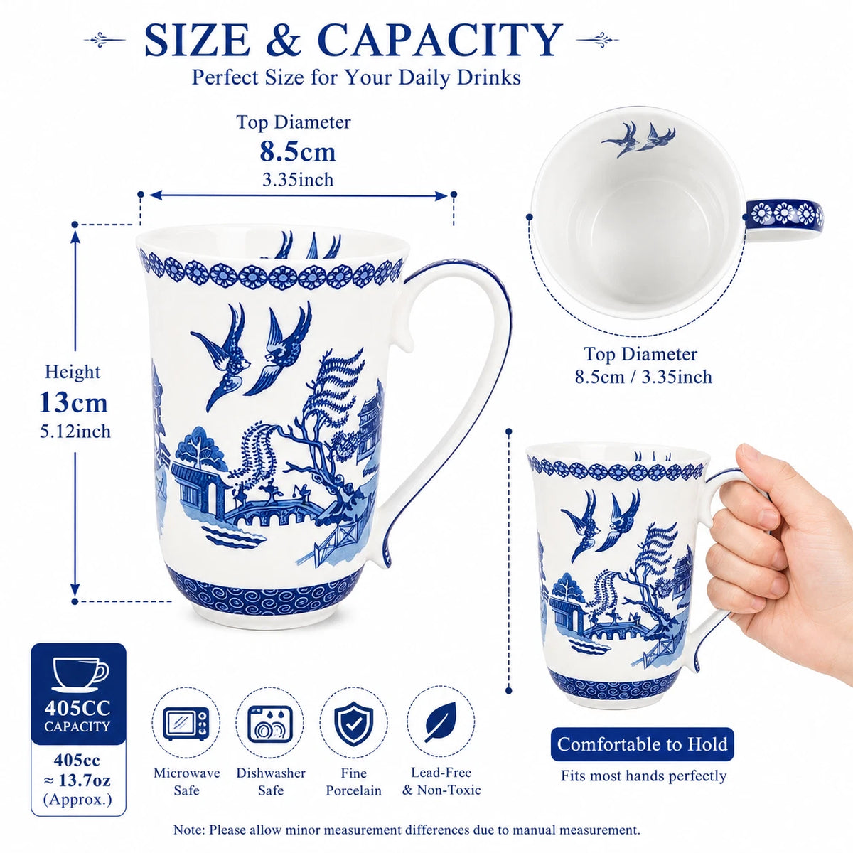 1-6x Classic Blue & White Willow Pattern Mug 405cc Porcelain Tea Coffee Cup Gift Set