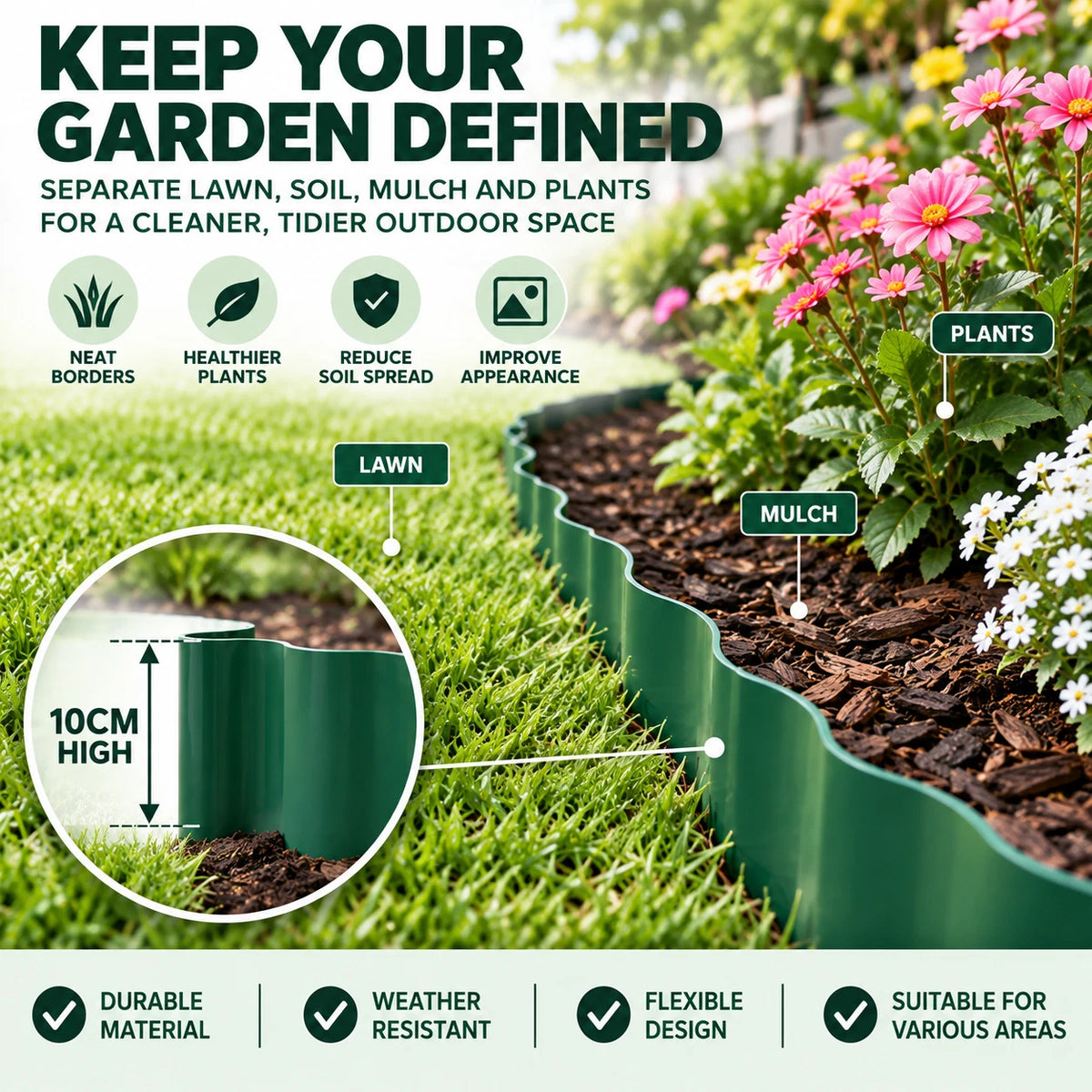 2 Pack 3M x 10CM Garden Edging Lawn Landscape Border Flexible Garden Bed Edge Green