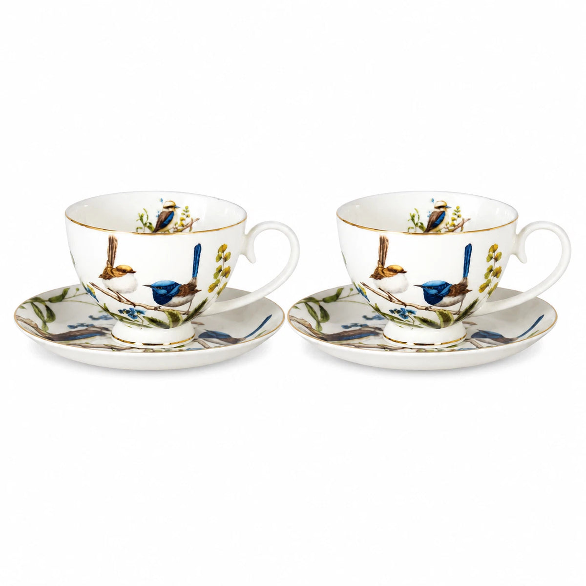Set of 2 Cups & Saucers 250cc Australian Birds Blue Wren Fine Porcelain Gift Box