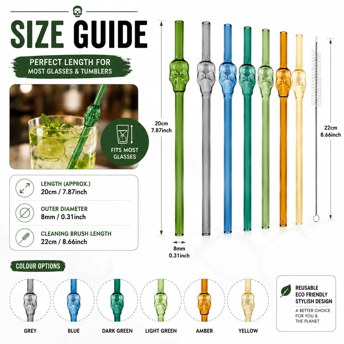 6PCS Skull Glass Drinking Straws 20cm Reusable Cocktail Barware Cleaning Brush