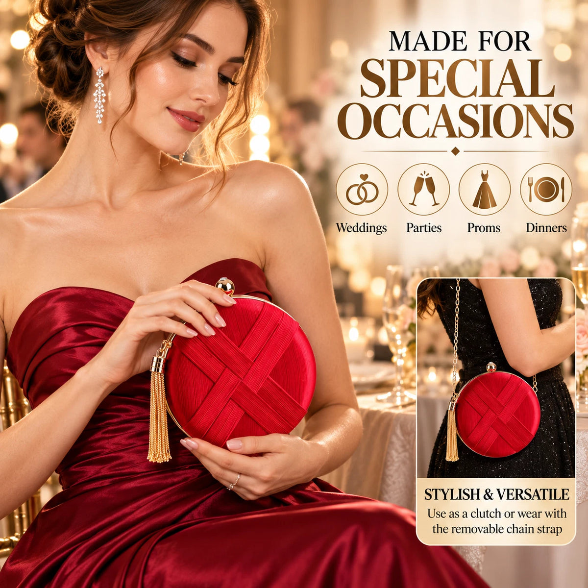 Women Round Evening Clutch Bag Wedding Party Prom Formal Tassel Chain Handbag 7 Colour
