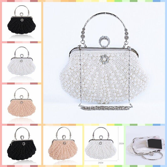 Women Sparkling Faux Pearl Bead Top Handle Bag Wedding Prom Party Evening Clutch