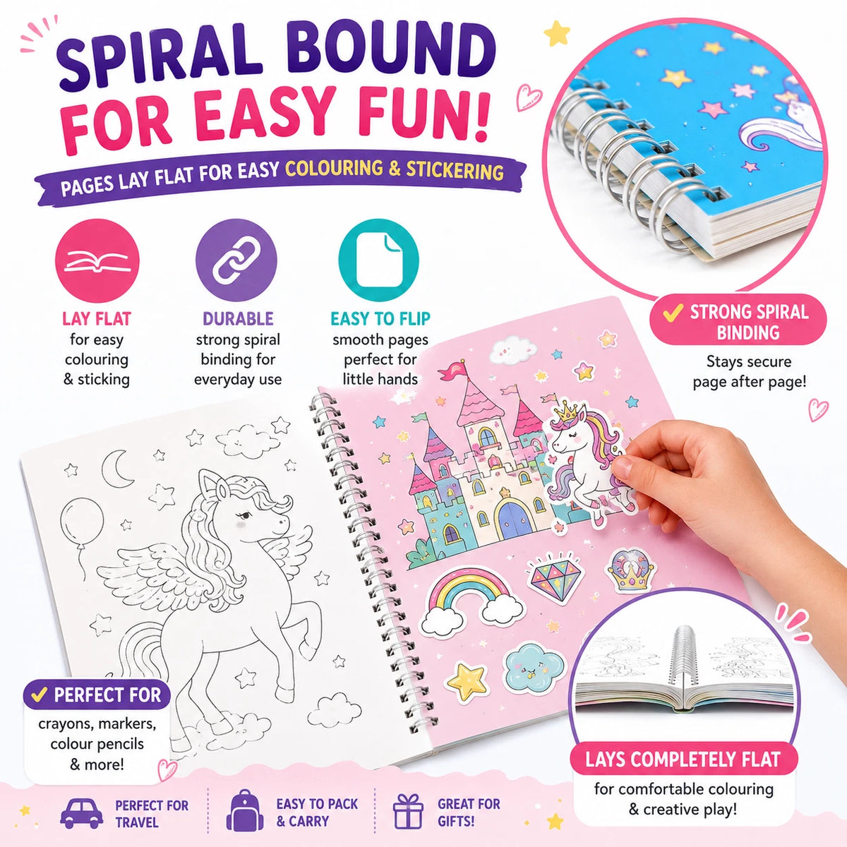 2x Creative Unicorn Colouring & Stickers Activity Book Kids Spiral Bound Craft Fun Pink & Blue Mixed Set