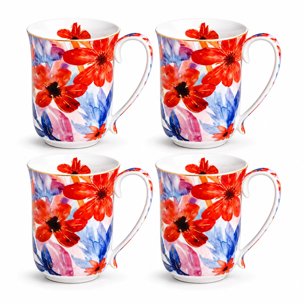 1-6x Watercolour Flora Fine Porcelain Coffee Mug 405cc Coral Flowers Tea Cup