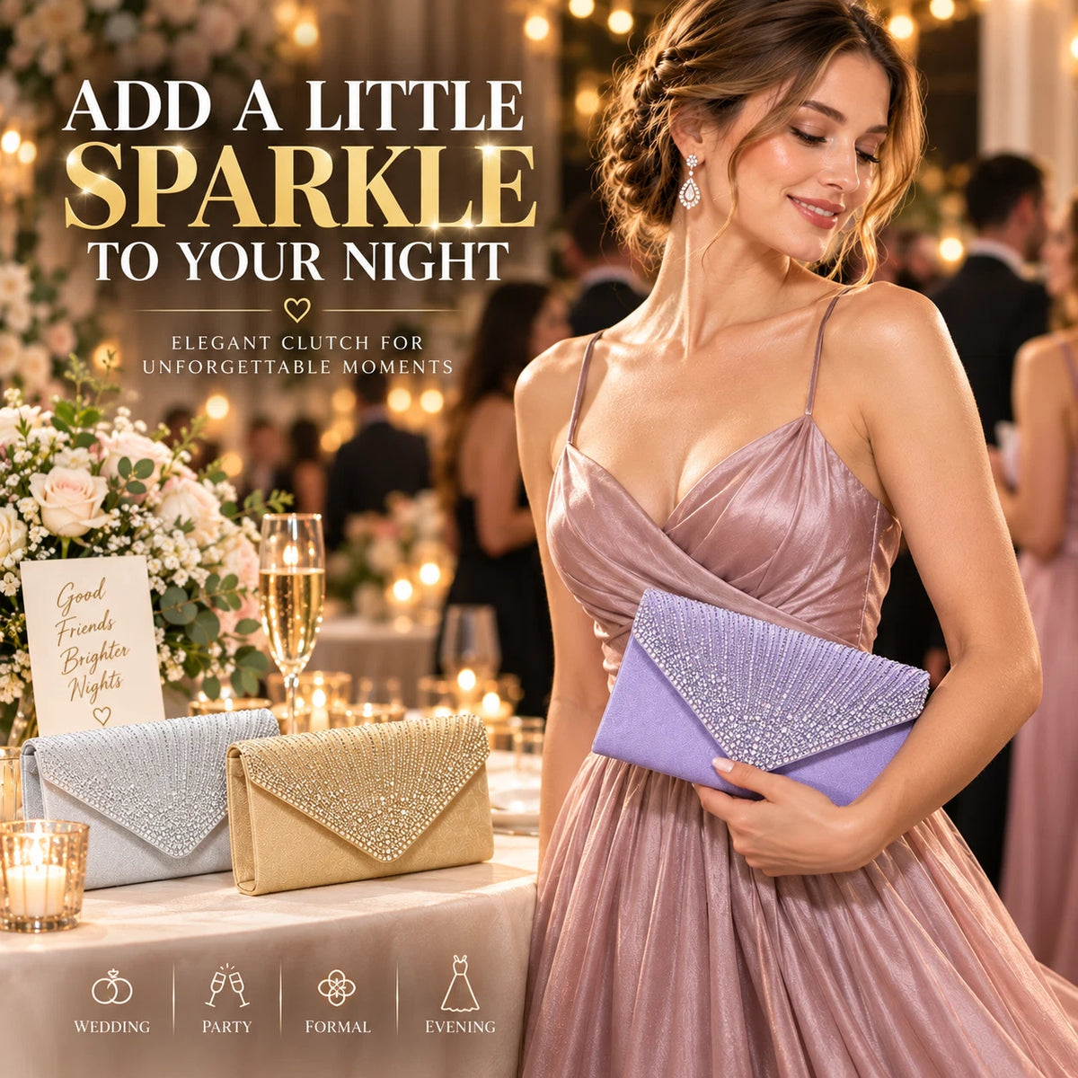 Women Rhinestone Satin Evening Clutch Bag Wedding Party Formal Bridal Handbag 12 Colour
