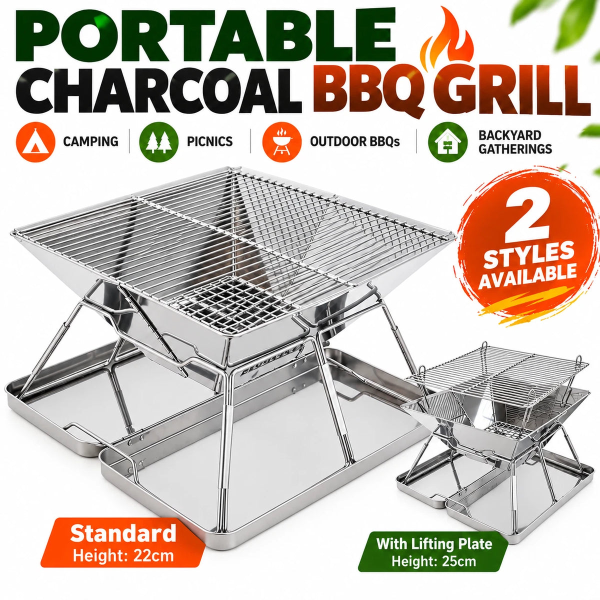 Portable Folding Charcoal BBQ Grill Stainless Steel Camping Outdoor Barbecue Set